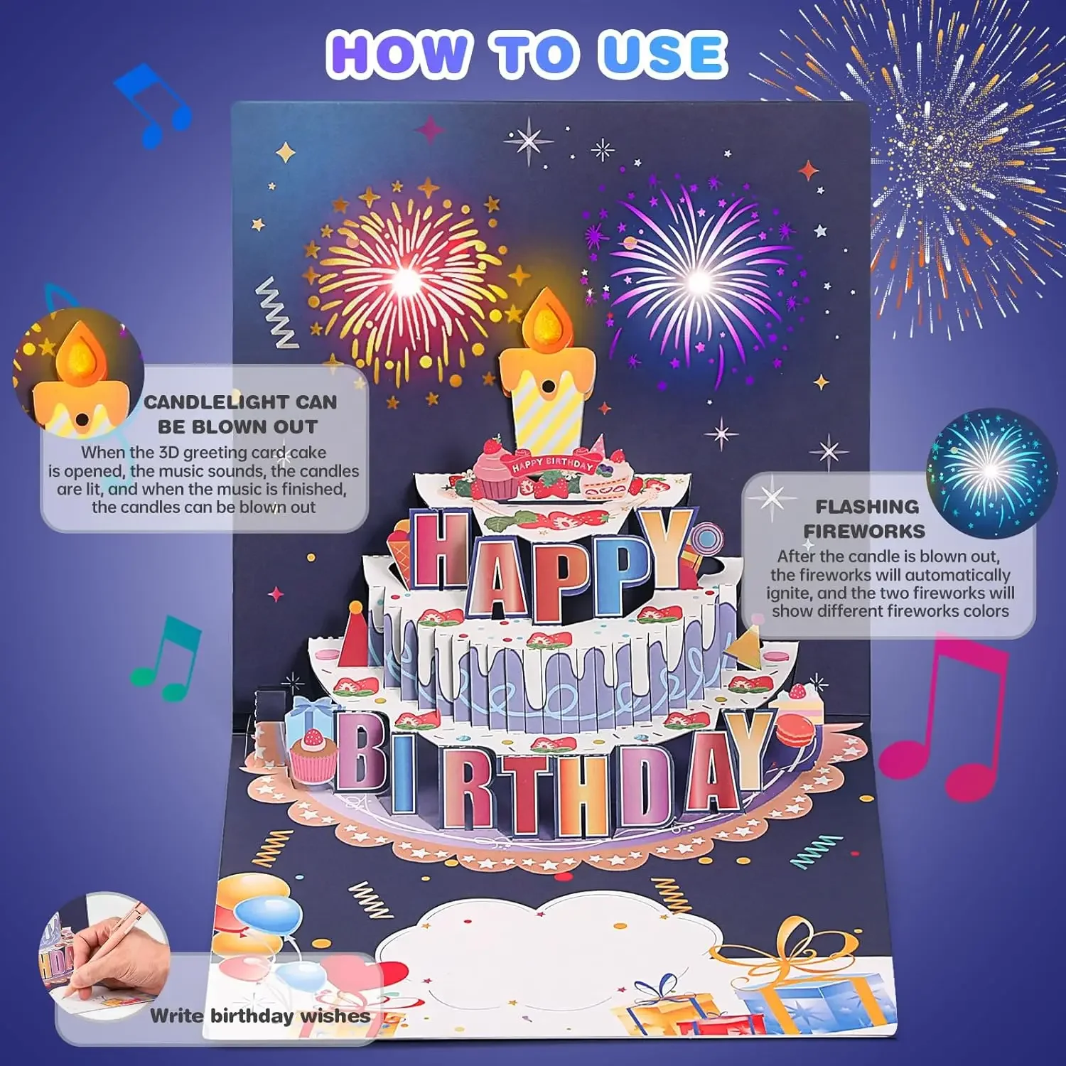 3D Pop Up Blowable Birthday Card with Lights Music Happy Birthday Card Firework Cake Greeting Card Gift for Wife Mom Kids