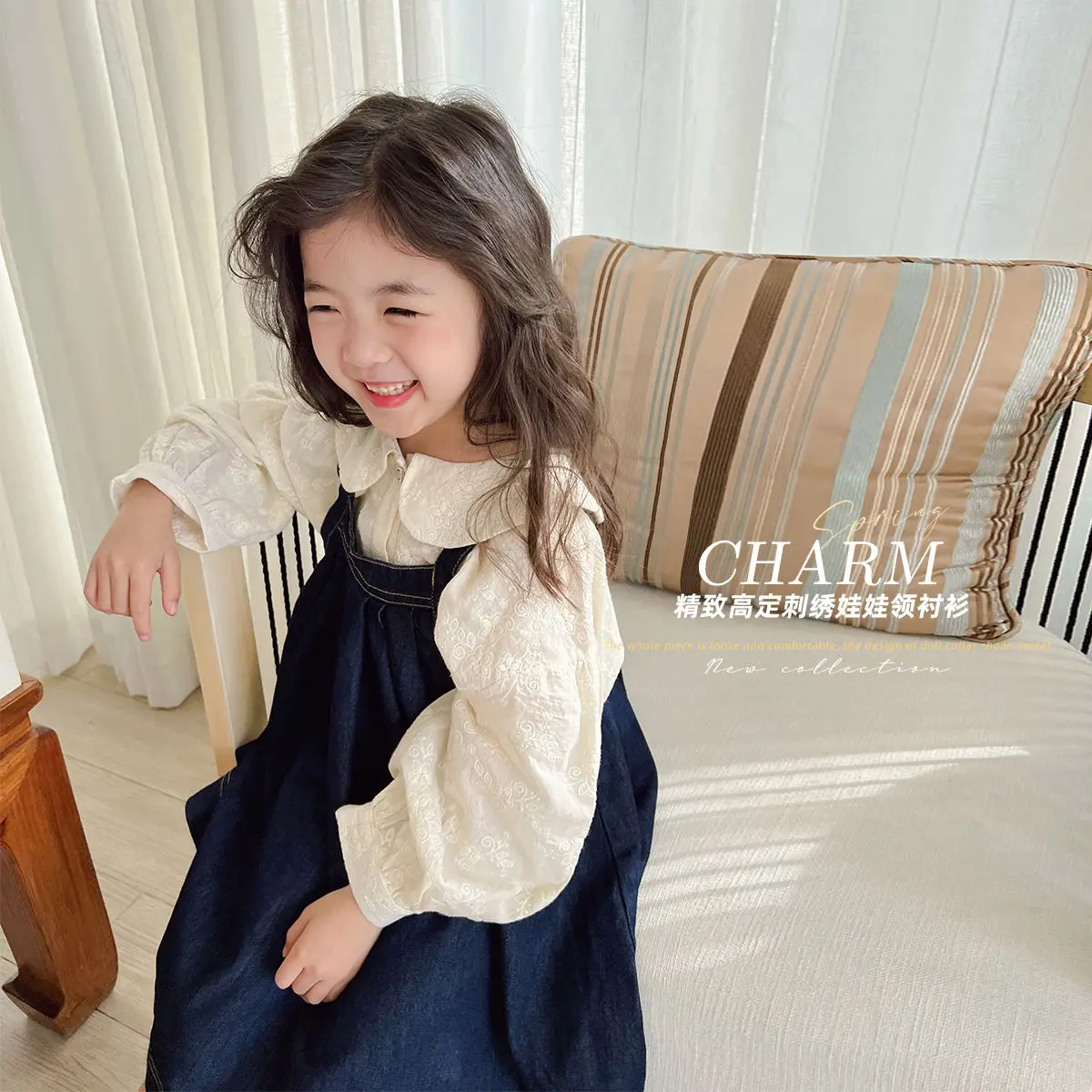 Children's Suit 2022 Spring New Peter Pan Collar Shirt Denim Skirt Baby Girl Long Sleeve Two-Piece Suit