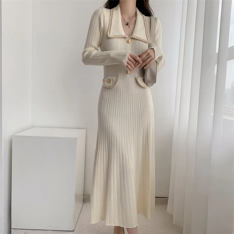Vestidos de punto de otoño e invierno para mujer, cuello vuelto, moda coreana, corte en A, vestido liso informal, vestidos ajustados para mujer, nuevo