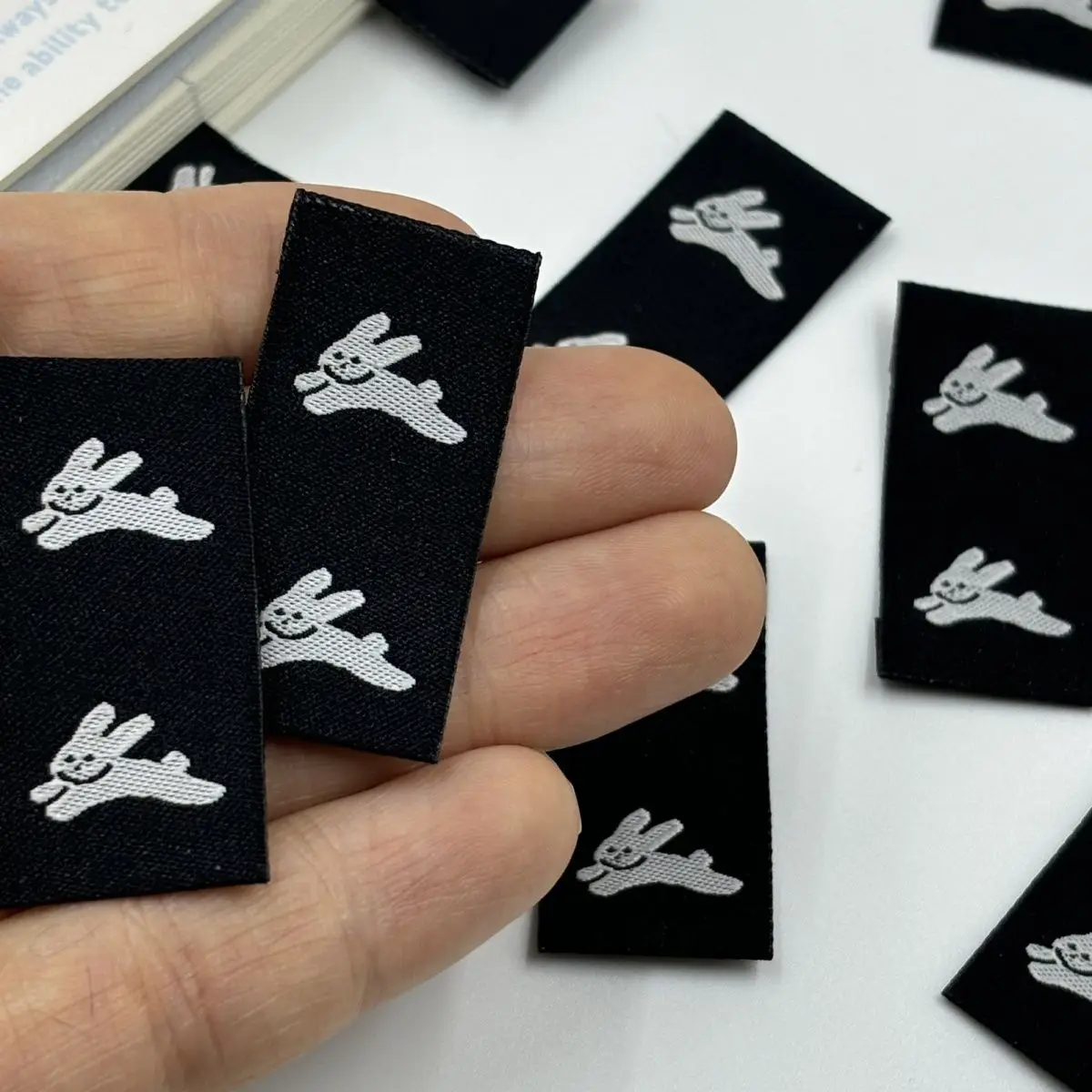 Cool Black Rabbit Minimalist Woven Label - Cotton Sewing Tags for Clothing, DIY Fabric Care Labels,  Patch for T-Shirts & Crafts