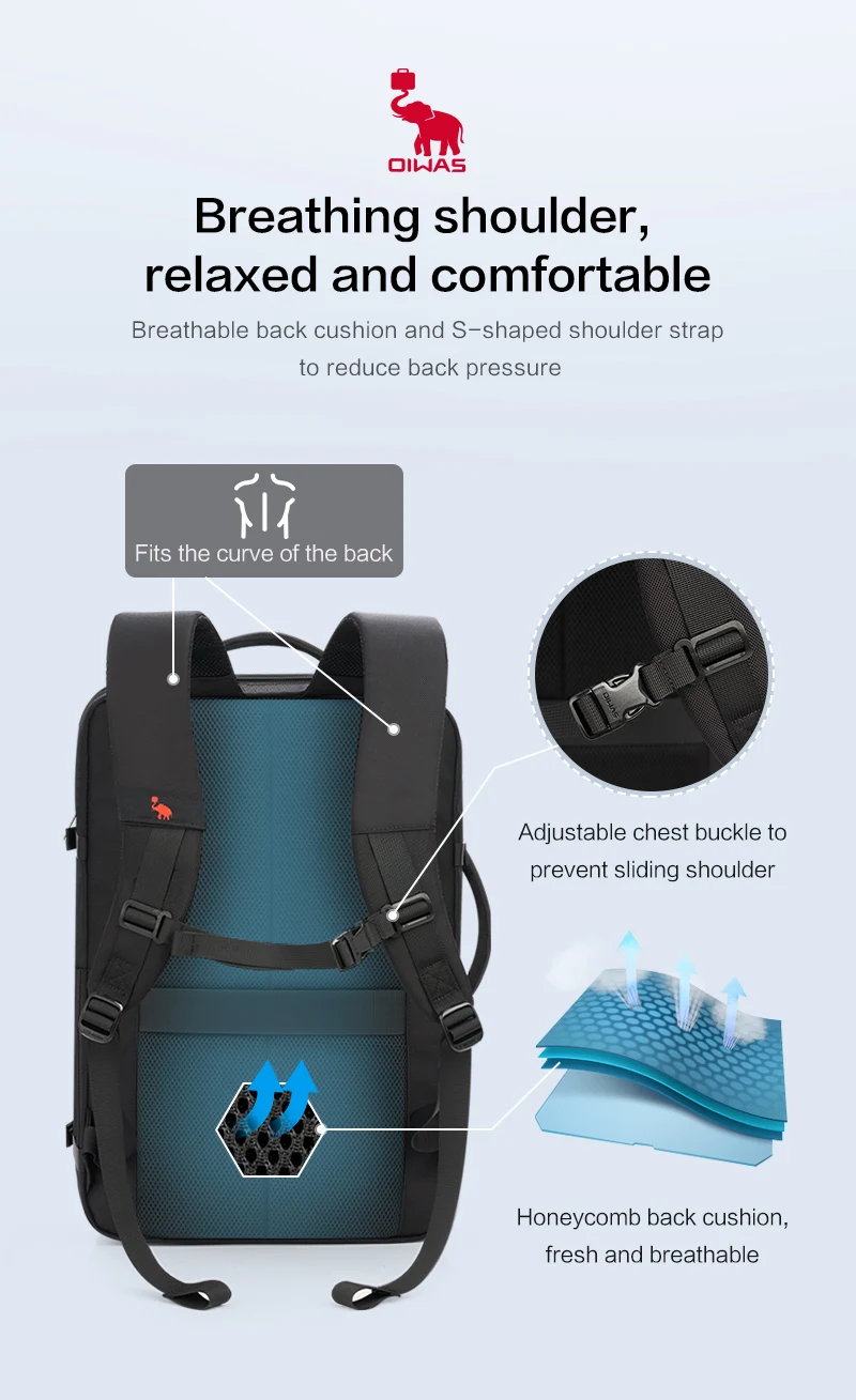 OIWAS Erweiterbarer Laptop-Rucksack mit großer Kapazität, USB-Ladeanschluss, 17,3 Zoll, wasserdichte Geschäftsreise-Computertasche für Männer und Frauen – Detail 14