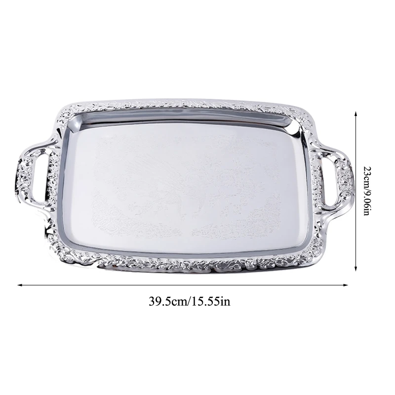 H55A Luxury Stainless Steel Storage Tray with Handle Cosmetic Jewelry Display Plate Hotel Restaurant Serving Dish Silver 6
