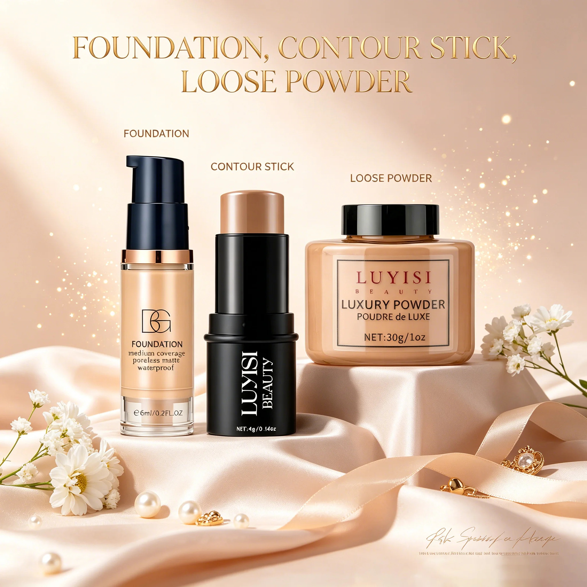 Set di trucco per il viso: 1 fondotinta + 1 stick per il contouring + 1 polvere fissante, copertura completa, impermeabile e resistente al sudore, cosmetici delicati. - immagine 4