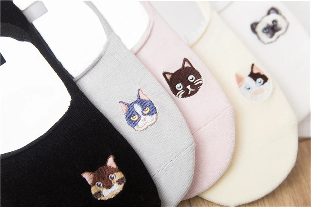 Neue Mädchen Lustige Sommer Frühling Nette Gestickte Kätzchen Unsichtbare Sokken Katze Klaue Fußabdruck frauen Weiche Baumwolle Socken Dropship – Detail 7
