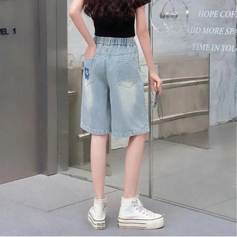 키즈 여름 레트로 블루 데님 반바지, 자수 장식, 10대 소녀 고스 힙합 포켓 하이웨이스트 슬림 니렝스 카프리