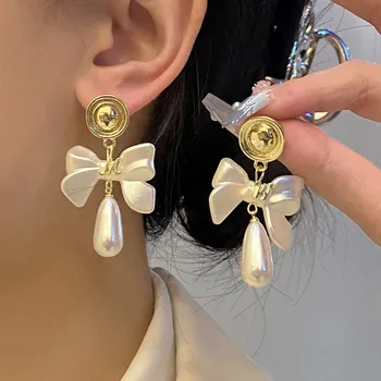 925 Silver Needle French Vintage Bowknot Droplet Pearl Drop Earrings For Women Jewelry 2025 Trending Korean Fashion Bow Earrings