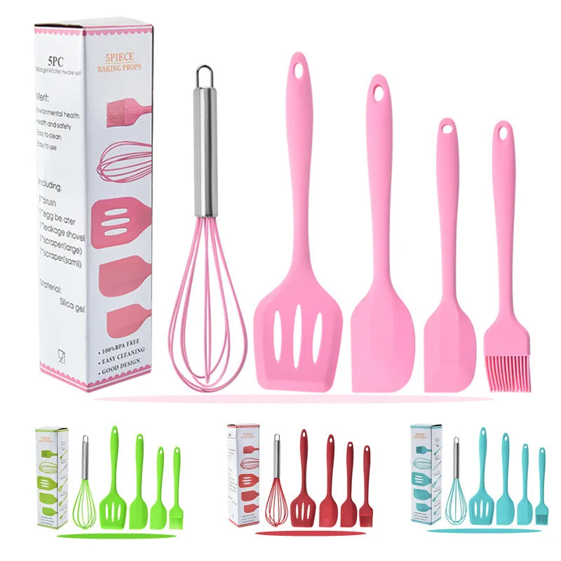 5PCS Silicone Kitchenware Non-Stick Cookware Kitchen Utensils Set Spatula Shovel Egg Beaters Silicone Handle Cooking Tool Set