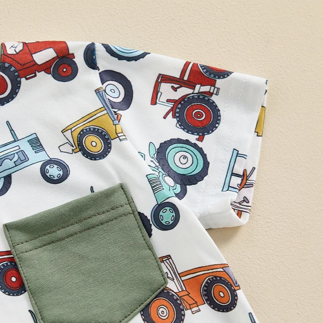 남아용 트랙터 프린트 반팔 셔츠와 신축성 있는 반바지 세트: 여름 필수 아이템