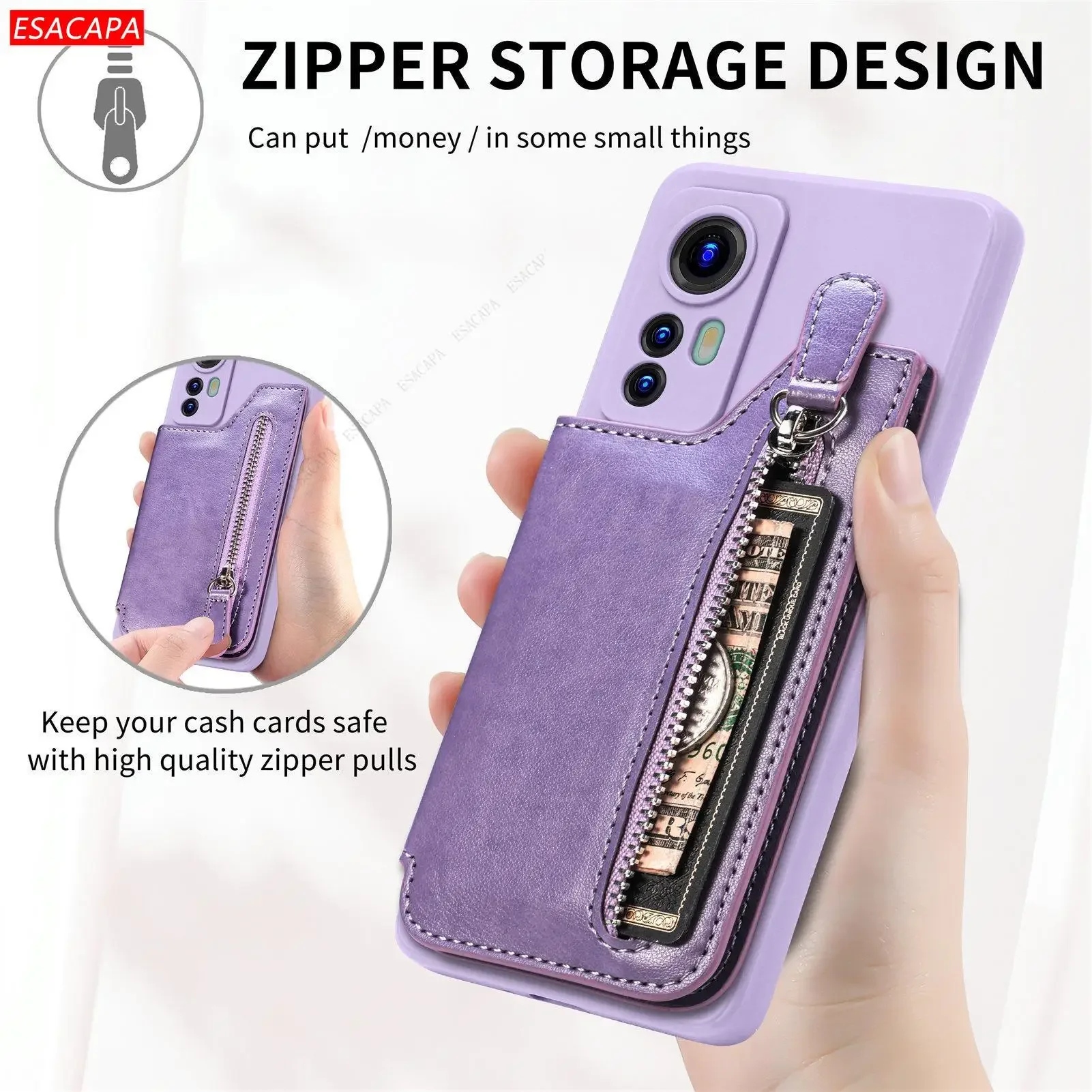 Zipper Wallet Leather Phone Case with Card Holder and Purse Compartment