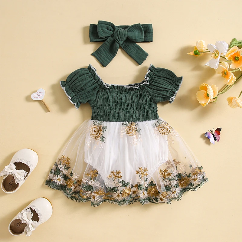 

Infant Baby Girl 2 Piece Set Square Neck Short Sleeve Shirred Frill Trim Mesh Romper Dress + Solid Color Headband Toddler Outfit