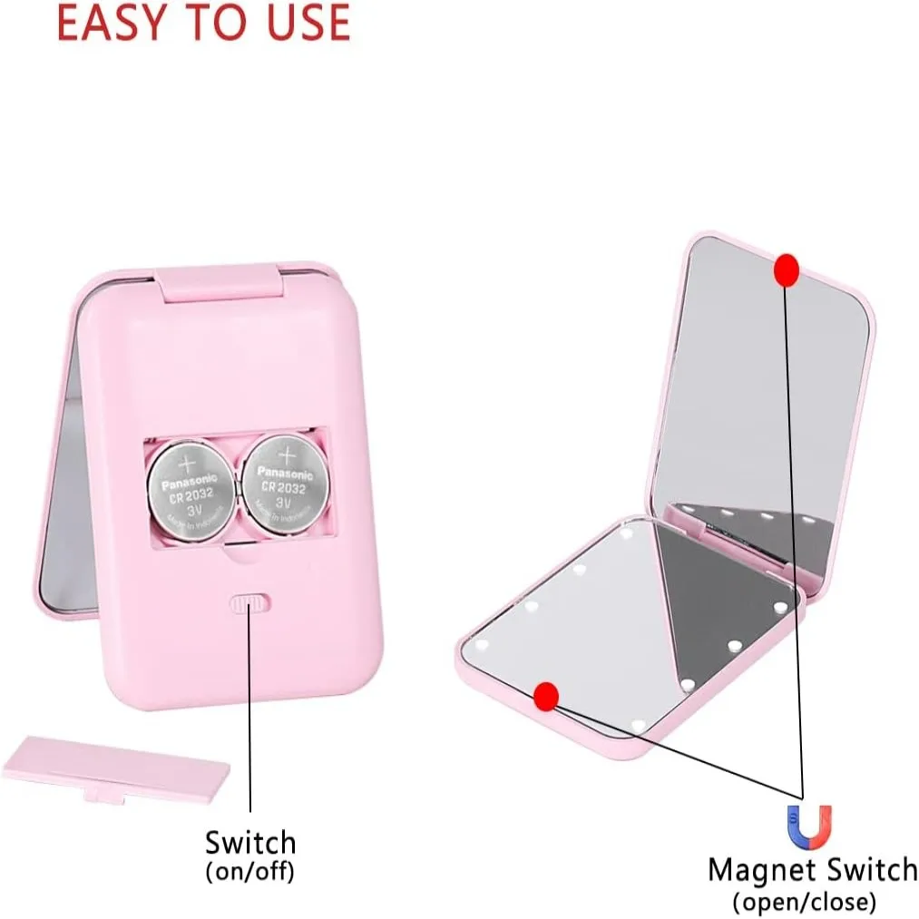 LED 조명이 있는 2023 메이크업 미러, 휴대용 접이식 소형 Lumineux 여행 스마트 핑크 화장대 거울, 메이크업 도구
