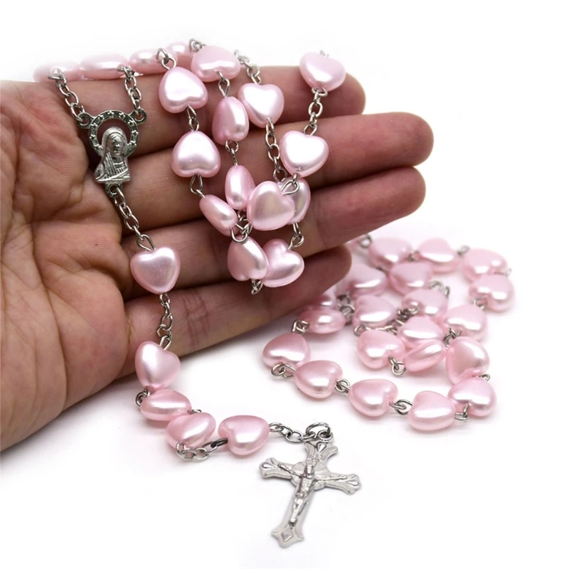 Heart Bead Rosary Necklaces Catholic Prayer Pink Heart-shaped Pendant Long Chain catholic rosary necklace