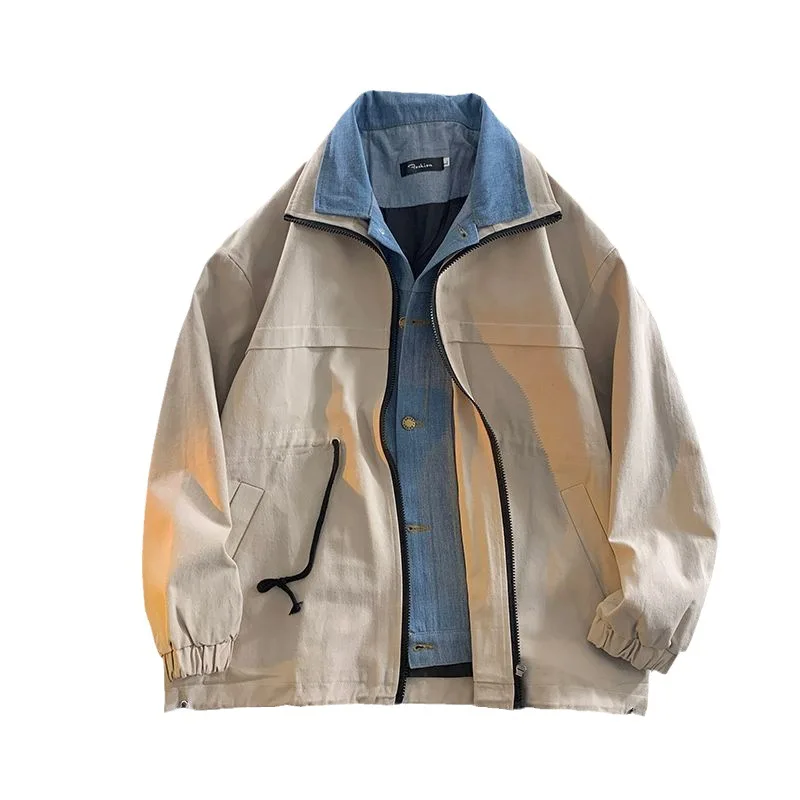 

EBAIHUI Fake Two Piece Design Men's Denim Jacket Patchwork Men's Causal Jacket Spring Autumn American Vintage Solid Color Coats