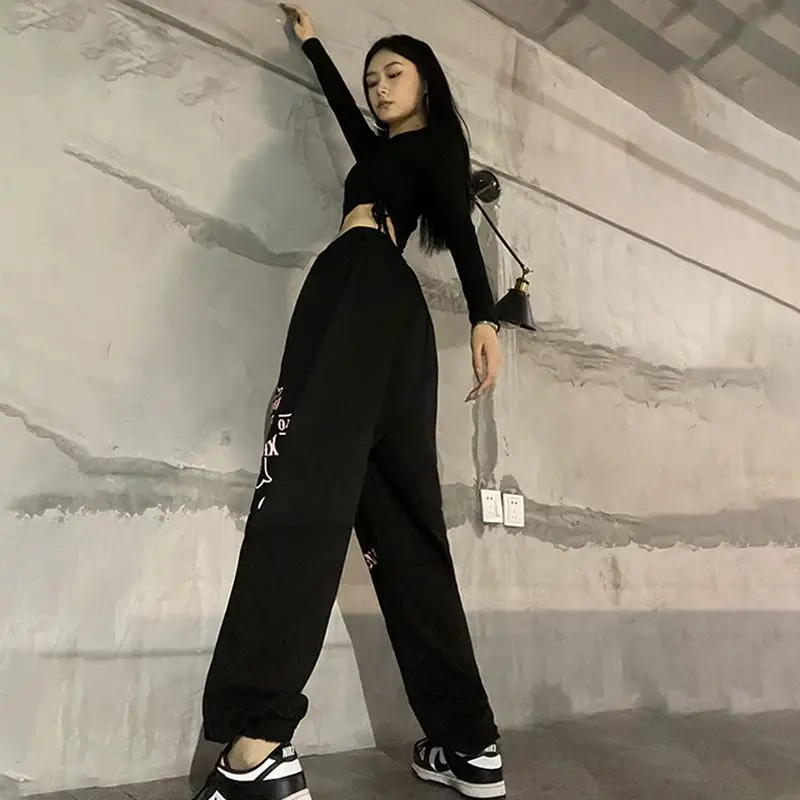 Hip Hop Vintage Women Black Sweatpants Korean Spring Autumn New Streetwear Fashion Printing High Waist Sports Casual Trousers
