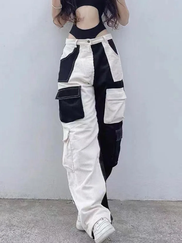 

American Corduroy Splicing Cargo Pant Women Fashion Casual High Waist Multi-pocket Wide Leg Pants Street Baggy Straight Trousers