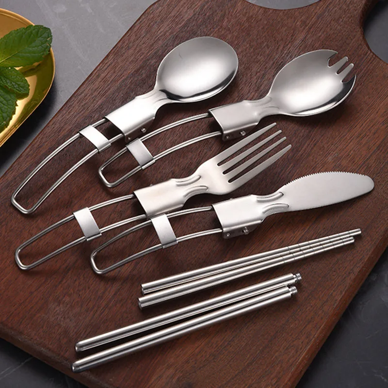 Portable Foldable Cutlery Set 304 Stainless Steel Detachable Chopsticks Knife Fork Spoon Hiking Outdoor Camping Travel Tableware