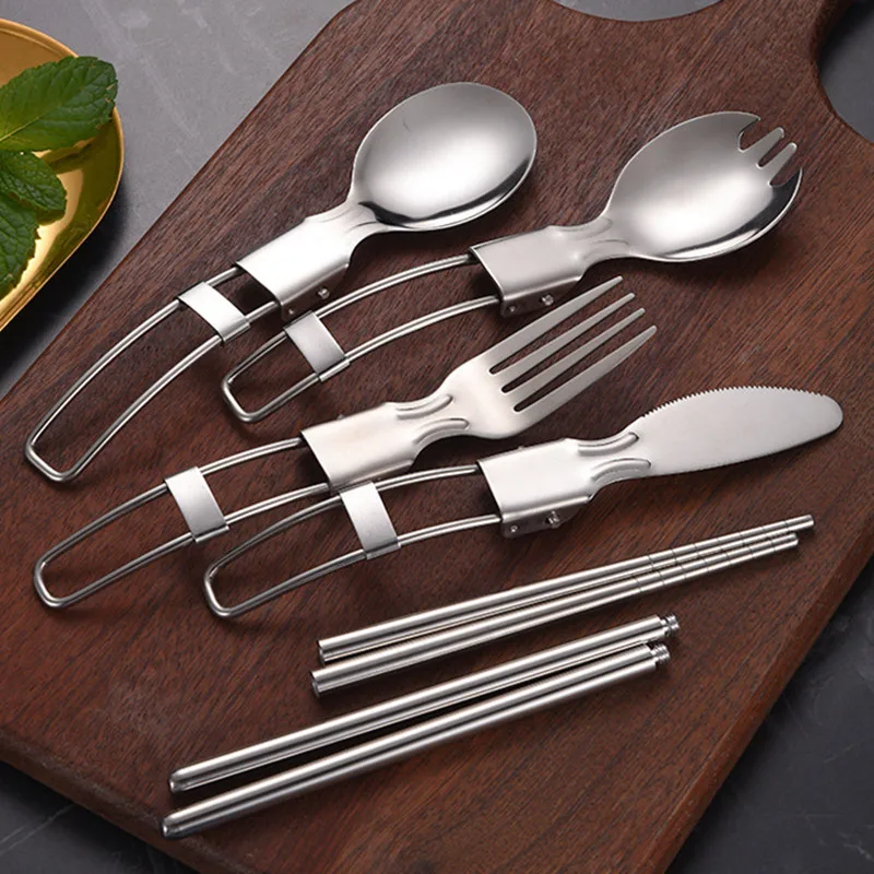 304 stainless steel portable tableware Steak Camping knife fork spoon  chopsticks removable folding tableware cutlery set - AliExpress