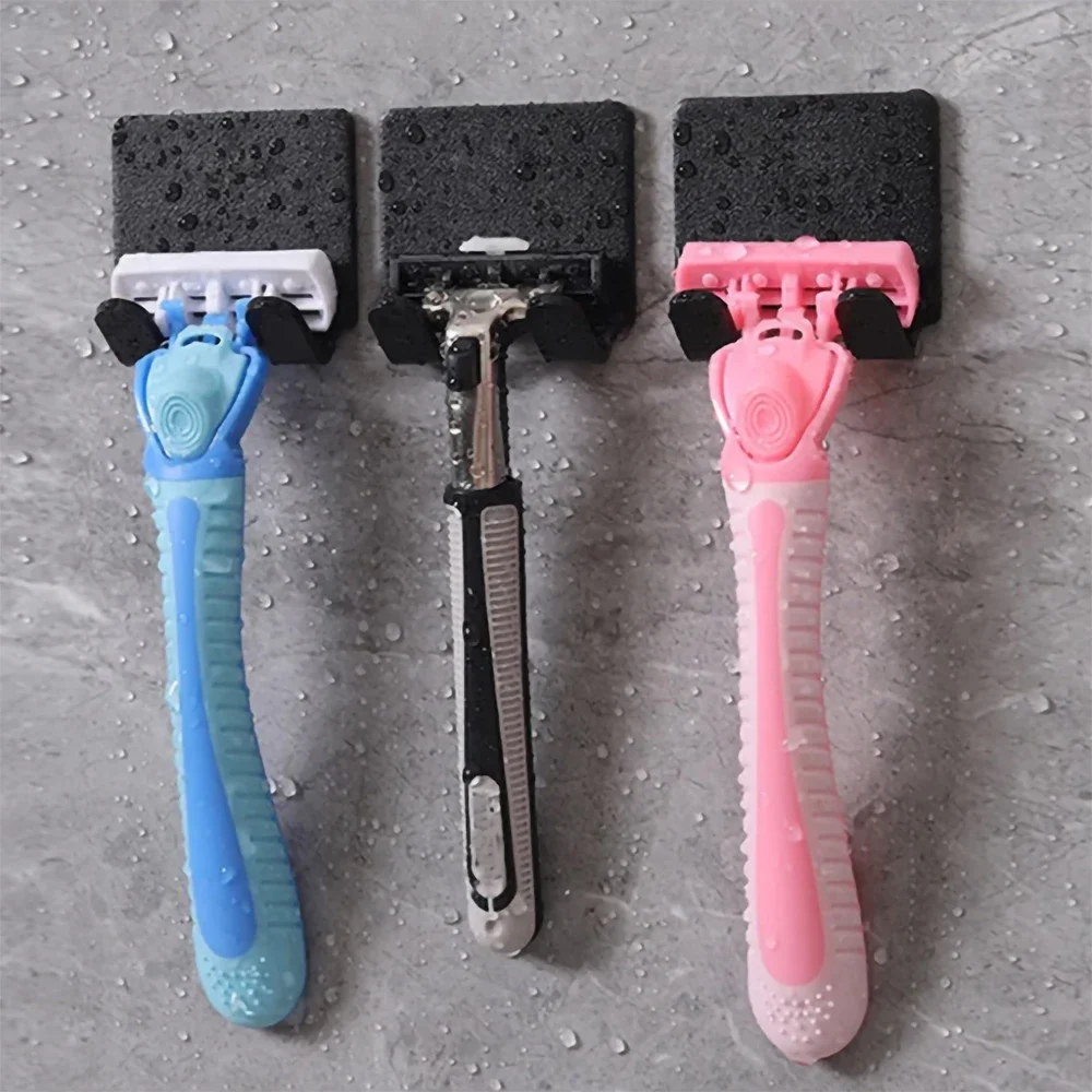 Adhesive Wall-Mounted Razor Holder - Shower Bathroom Shaving Hook in Black Plastic (2/4 Pack)