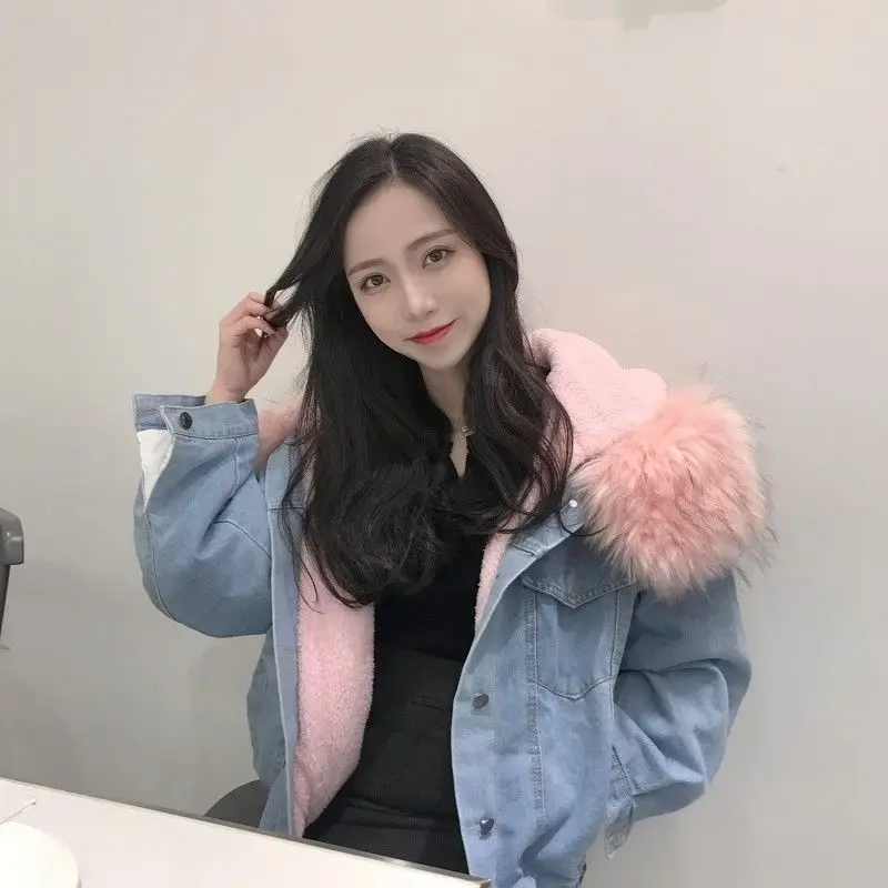 

Nice Autumn Winter Parkas Pop Women Jacket Long Sleeve Warm Ladies Artificial Fur Collar Hooded Zipper Coat Short Female Outwear