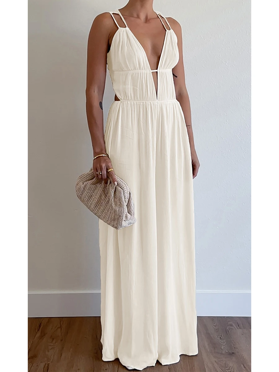 

Women Sexy Straps Deep V-neck Jumpsuits Summer Open Back Tie Up High Waist Wide Leg Long Pants Solid Color Rompers Party Club