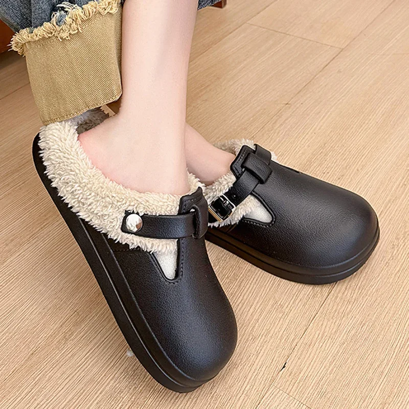 Waterproof Closed Toe Eva Birken Slippers 2025 Winter Warm Plush Home Slippers Woman Non Slip Flat Heels Indoor Cotton Shoes