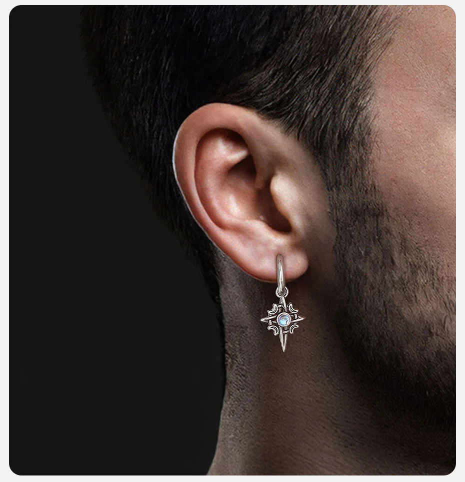 Vnox Vintage Stern Mond Stein Ohrringe für Männer Frauen, hypoallergene Edelstahl Creolen Geschenk – Detail 4