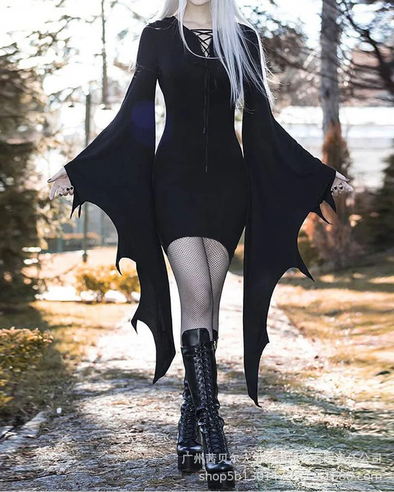 

Halloween Lace-up Batwing Sleeve Bodycon Dress Women Solid Color Mini Dress