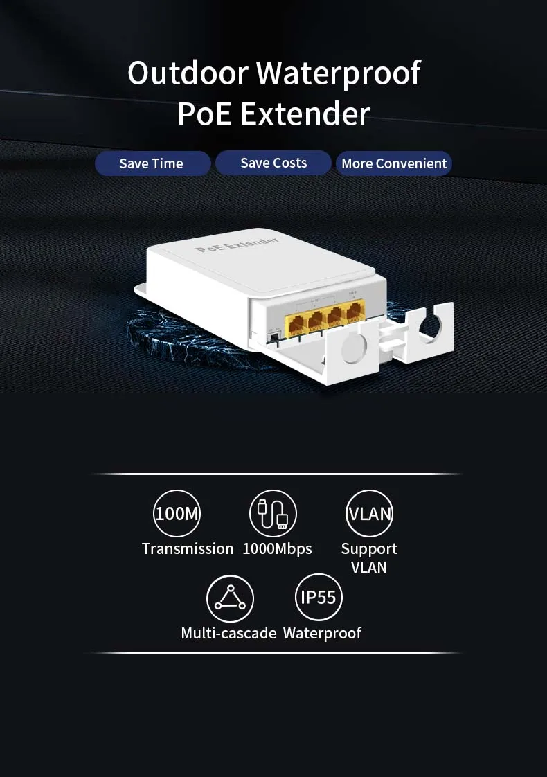POE Extender 4 Port IP55 Waterproof 100/1000Mbps 1 to 3 Network Switch For IP Camera