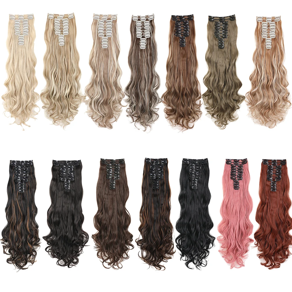 Longo ondulado clipe em extensões de cabelo para mulheres, sintético hairpieces, cabelo duplo trama, mistura bem, grosso, alta qualidade, 12pcs, 24