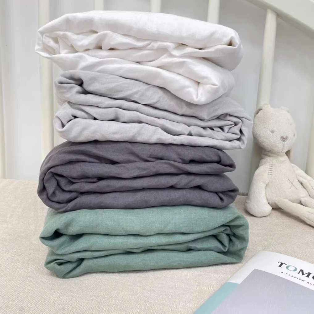 Pure Linen Fitted Bed Sheet With 360 Elastic Band Quilted Mattress Protector Cover for Single Double King Queen Size Bedsheet