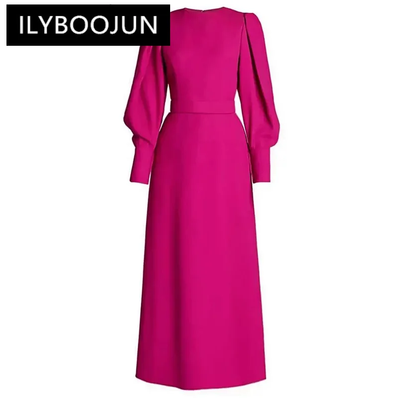 

High End Rose Red Dresses For Women Round Neck Lantern Sleeves High Waist Solid Evening Party Dress 2024 New Autumn WQ8296