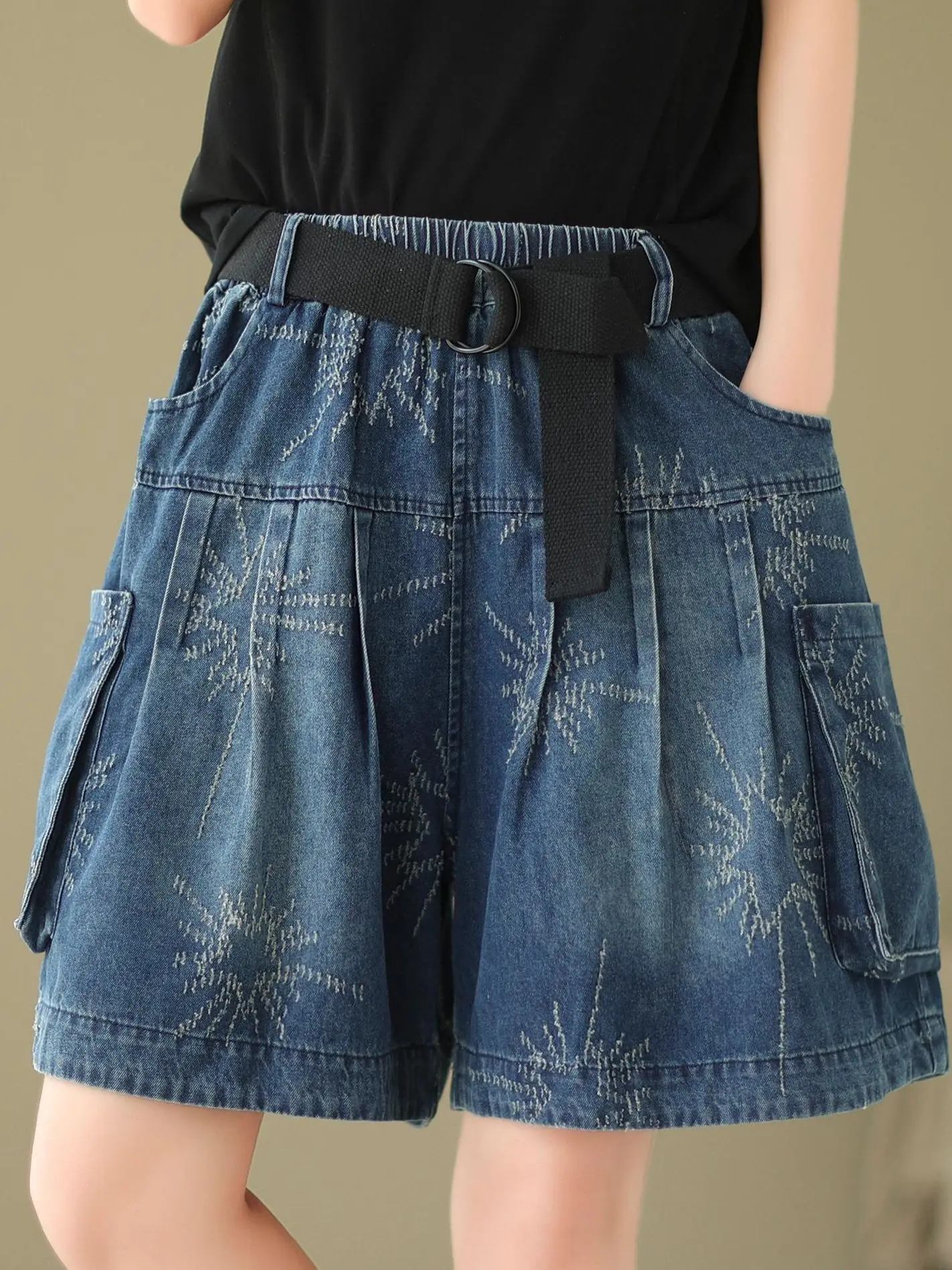 

ZOCI Fashion Oversized Denim Wide Leg Shorts Women's Summer Loose Jacquard Versatile Elastic Waist Streetwear Knee Length Jeans