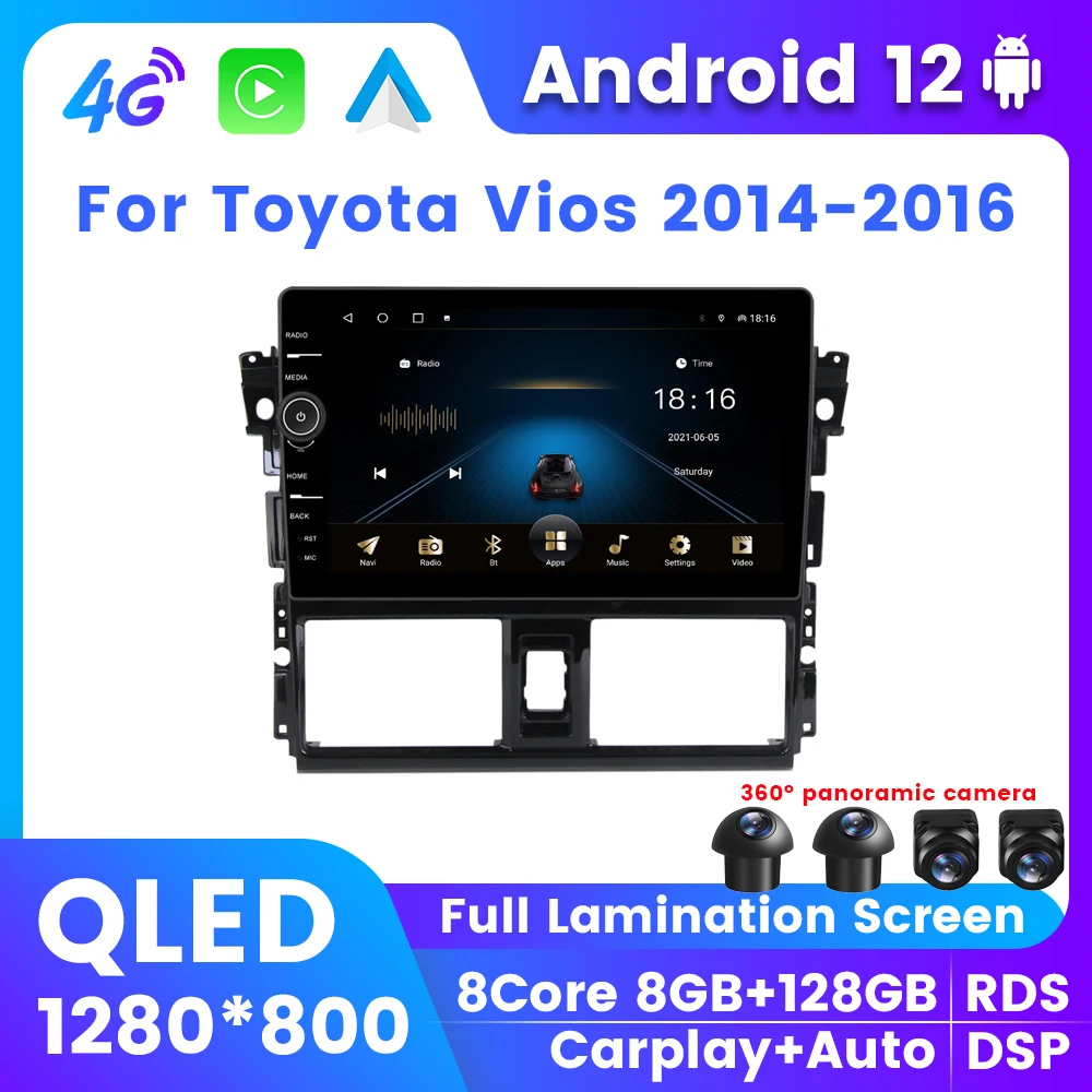 

QLED 8G + 128G Android 12 автомобильное стерео радио для Toyota Vios 2014 2015 2016 беспроводной Carplay Авторадио 4G LTE 2Din с ручкой экрана