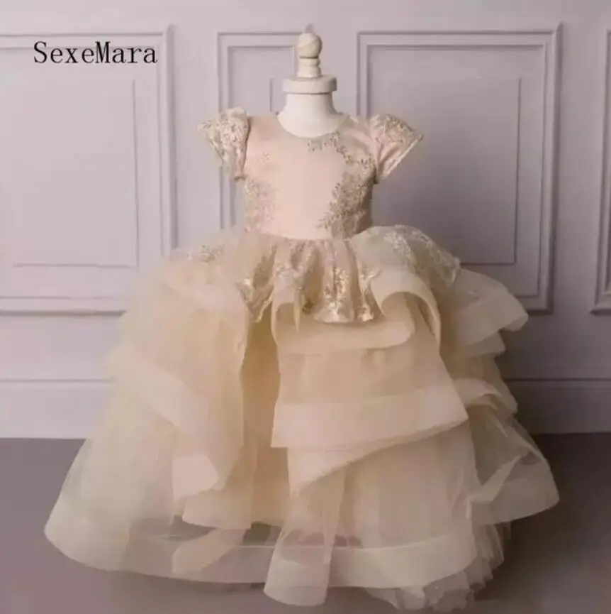 

New Ball Gown Flower Girl Dresses For Weddings Champagne Puffy Organza Girls Pageant Dress Tiered Birthday Gown