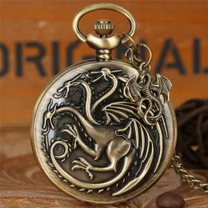 Retro Engraved Monster Design Men Women Quartz Pocket Watch Pendant Dragon Gadget Necklace Chain with Arabic Number Clock