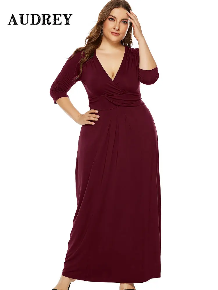 

Plus Size Sexy Deep V Neck Maxi Dress Women Elegant High Waist Ruched A-line Evening Party Dress Office Ladies Vestido Fall 2022