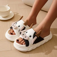 Cute Cartoon Cow Unisex Linen Slippers Spring Summer Slides Mule Men And Women Home Shoes Non-slip Flip Flops For Four Seasons 1