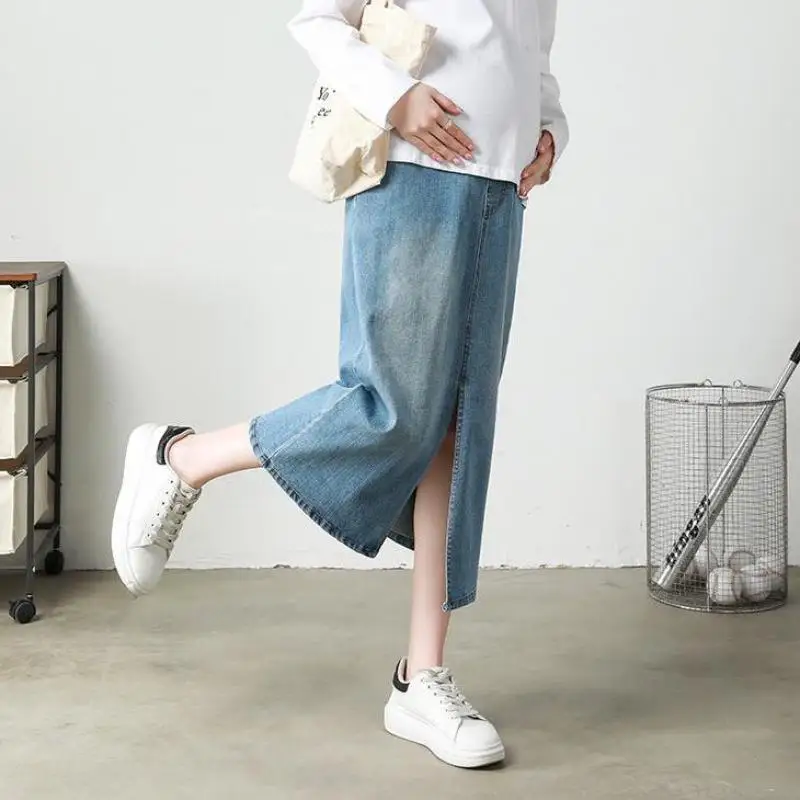 New Maternity Women's Denim Midi Skirts Premama Korean Style High Waist Front Slit Long Skirts Pregnant Women Casual Loose Skirt