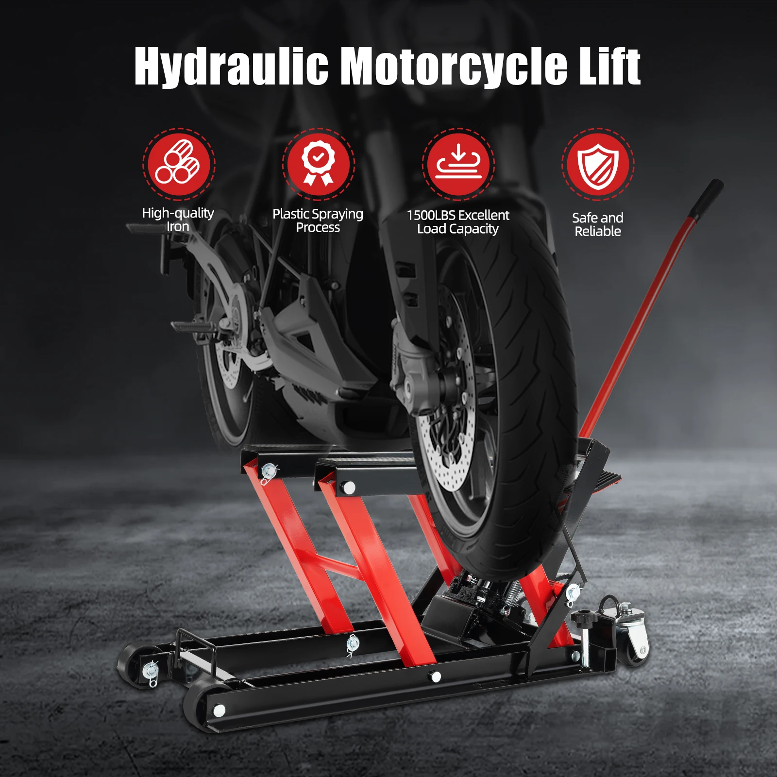 Rot/blauer Motorrad-Hydrauliklift mit rutschfestem Griff, 115–365 mm Hubbereich, 680 kg/1500 lbs Kapazität zum Heben von Motorrädern – Detail 1