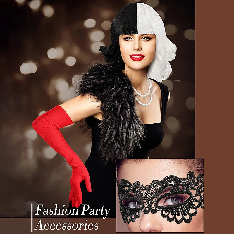 Cruella De Vil Cosplay Prop Black White Wig Eye Mask Gloves Necklace Women Girls Costume Party Decor