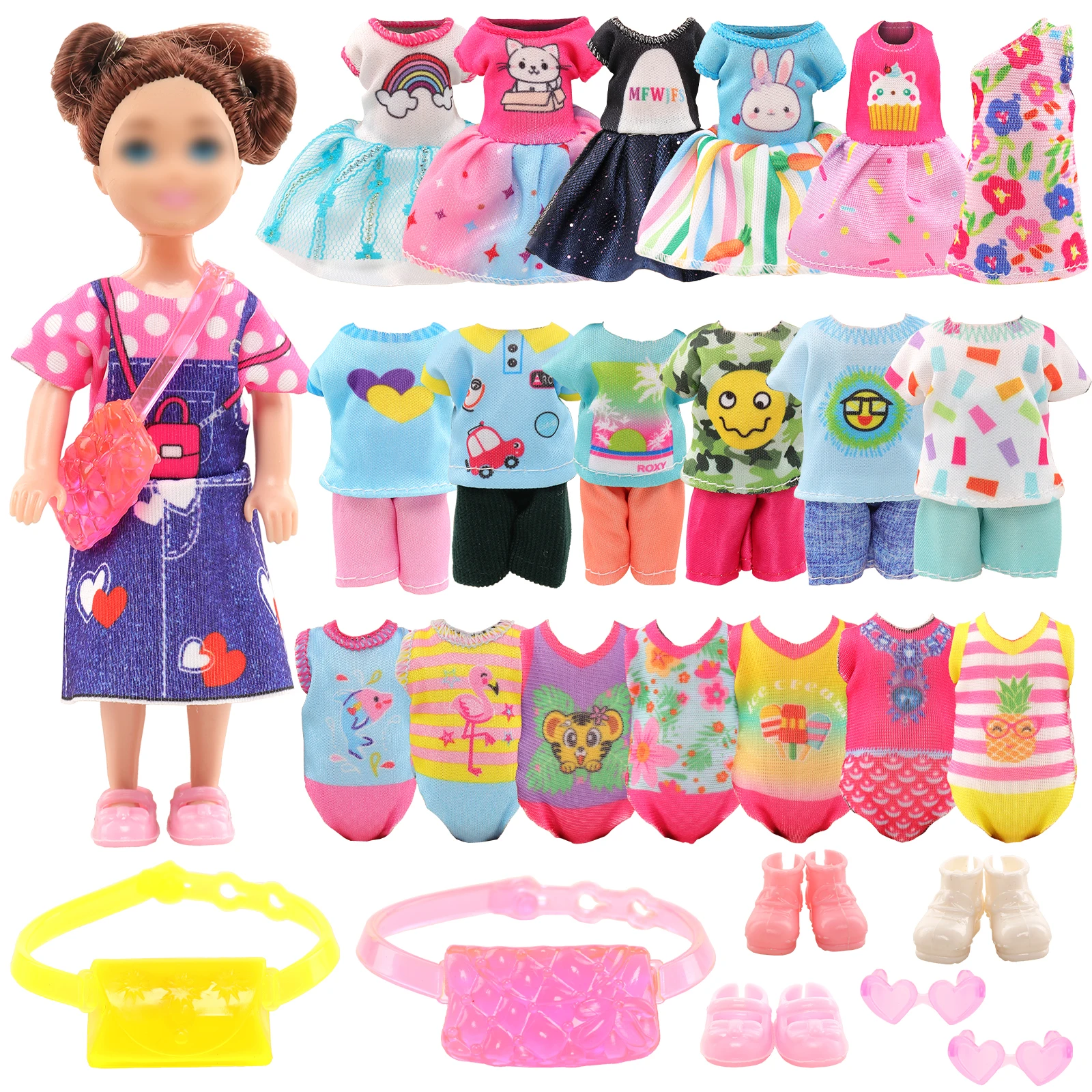 

Barwa 19 Pcs For Chelsea Doll Clothes Accessories 4 Set Dresses 4 Tops and Pants 4 Swimsuits 3 Shoes 2 Glasses For 5.3 inch Doll