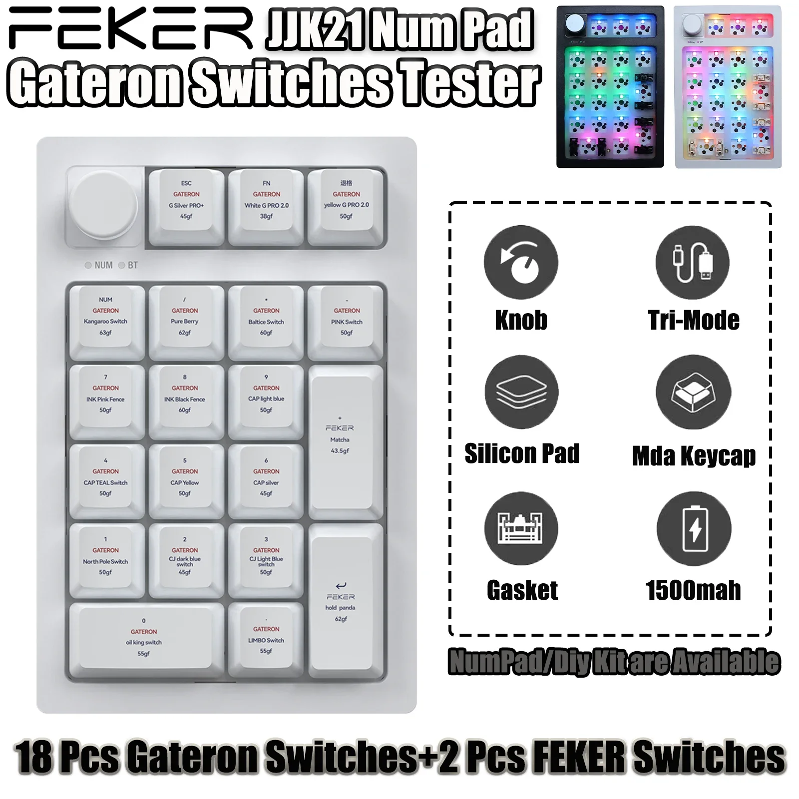 

FEKER JJK21 Mechanical Keyboard NumPad Gateron Switches Tester 3 modes 2.4G Bluetooth5.0 1500mah Diy Kit Hotswapple RGB Gasket