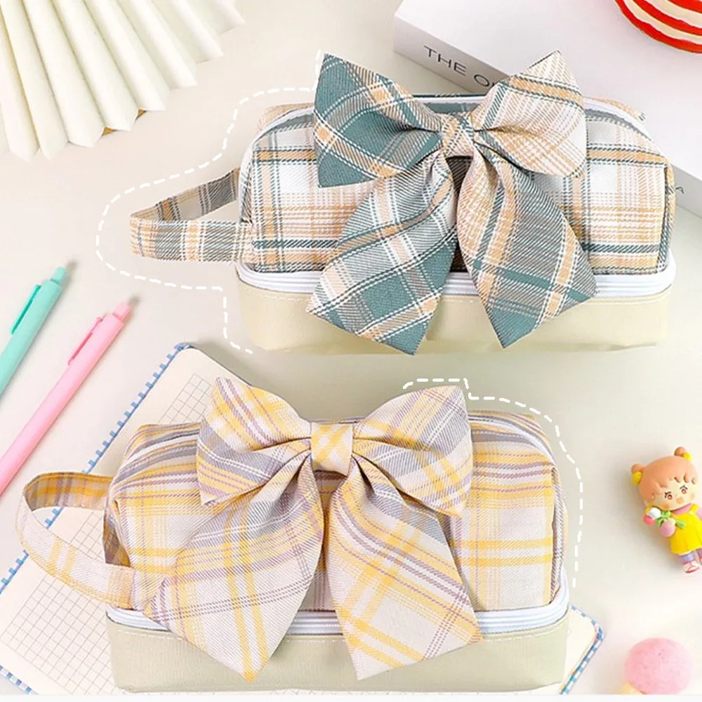 

Canvas Large Capacity Grid Pencil Case Big Bowknot Pencil Cases Pen Case Students Stationery Pencil Bags School Office Supplies