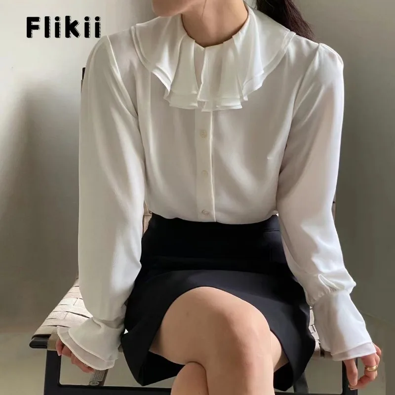

Korean Elegant Style Round Neck Solid Color Luxury Blouses 2024 Spring Women Casual Simple Long Sleeve Chiffon White Shirts Top
