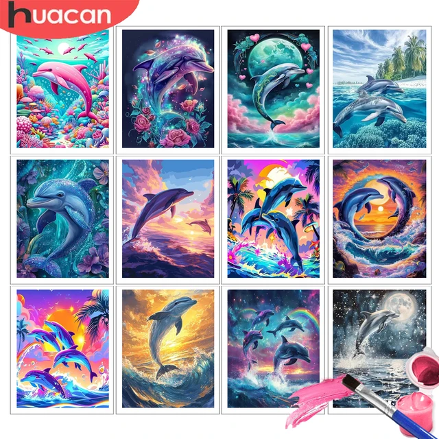 HUACAN Adult Paint By Numbers Dolphin Animal Diy Pictures Draw On Canvas Sea Handmade Art Craft Kits Wall Decor 1