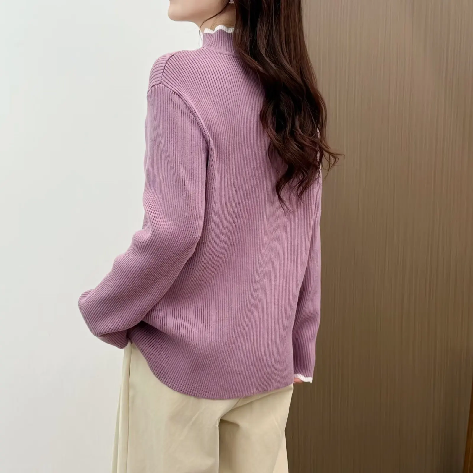 XXXL Fashion Plus Size Women's Sweaters Autumn And Winter New Style Contrasting Color Mock Neck Knitted Pullover 6667