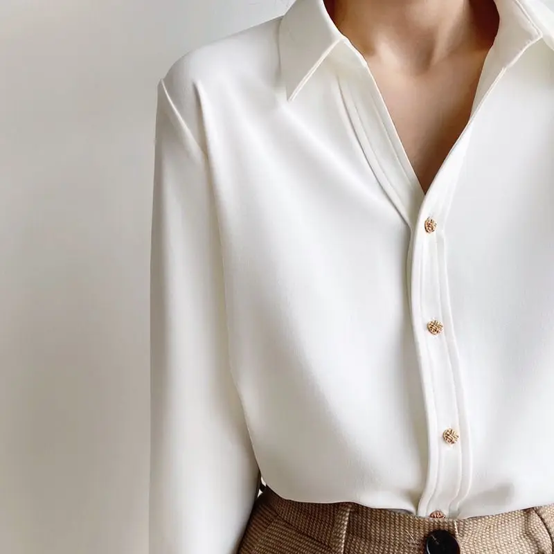 

Spring Autumn New Korean Satin Shirt Female Long Sleeve Design V Neck Retro High Shirt Women Camisas De Mujer