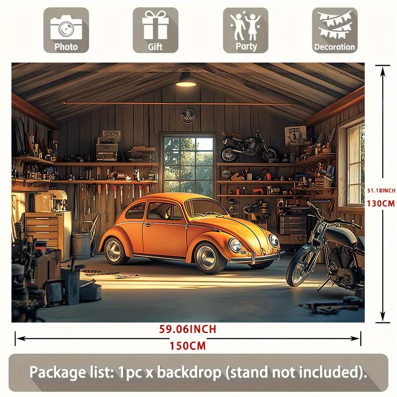 Ein heller Garagenhintergrund mit klassischen Auto- und Motorraddesigns – aus strapazierfähigem Polyestermaterial, Garagendekoration – Detail 7