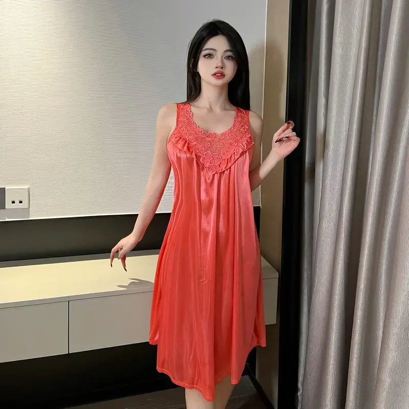 فستان نوم مثير بحزام من الحرير الجليدي مزين بالدانتيل فستان نوم نسائي فضفاض مقاس كبير بدون أكمام ملابس منزلية مريحة ملابس داخلية