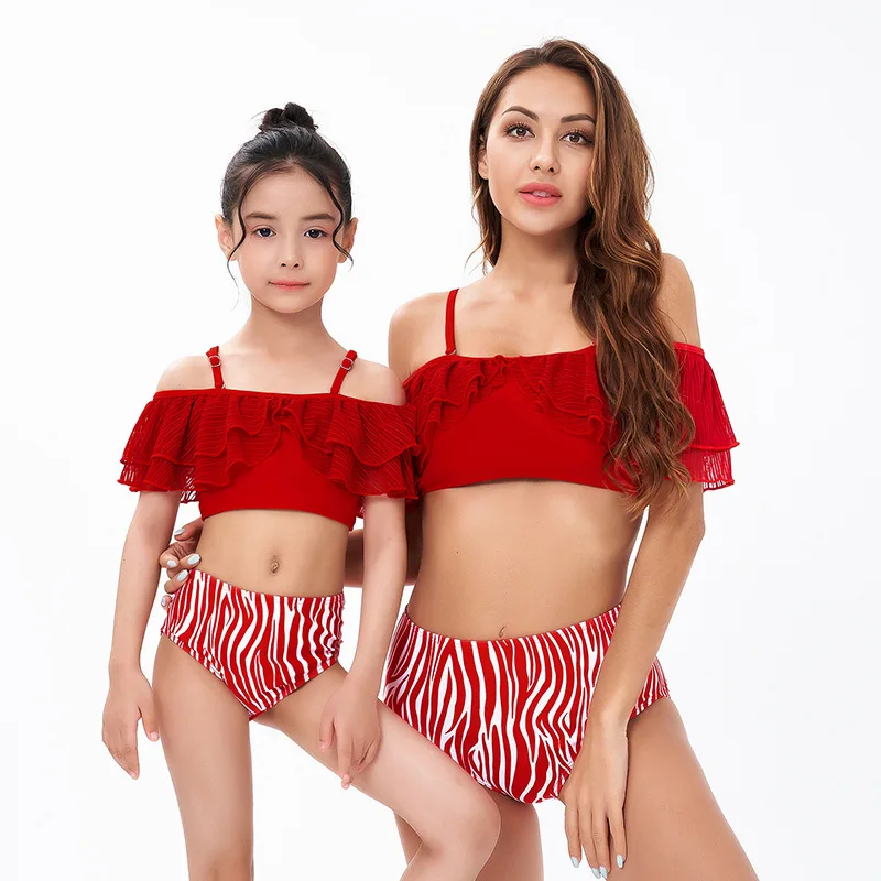 Sexy Ruffle   Cross Bandage  Bikini Set Women Swimsuit  Matching Parentage Swimwear Summer Suit Parents Children Swimming  Wear bathing suit sets Bikini Sets